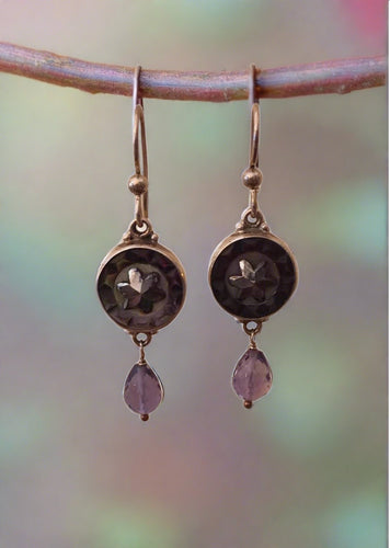 antique button earrings, silver toned button with amethyst drops