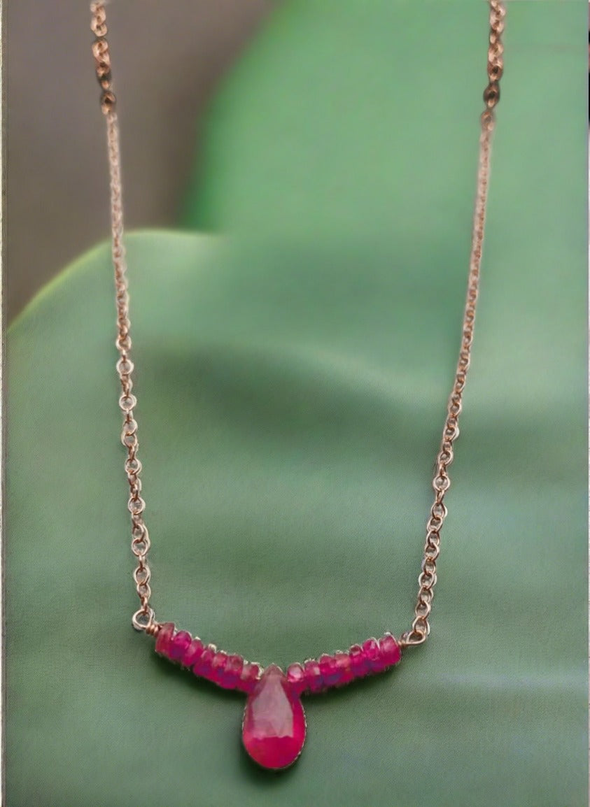 pom jewelry necklace, pink sapphire in gold fill