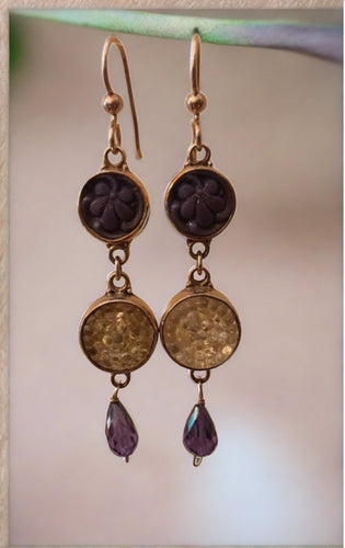 antique button earrings, purple and clear glass with amethyst drops