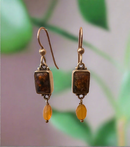 antique button earrings, amber colored with opal  drop