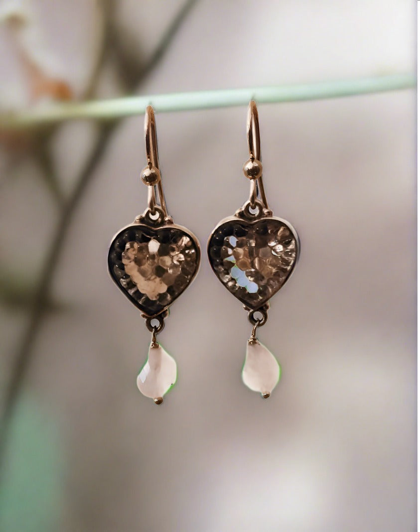 antique button earrings, clear glass heart shaped with quartz drops