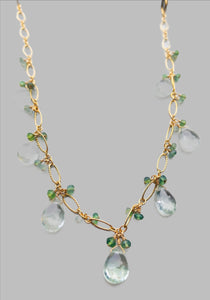 pom jewelry necklace, green amethyst and green hessonite  in gold fill