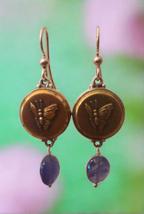 antique button earrings, butterfly with blue stone