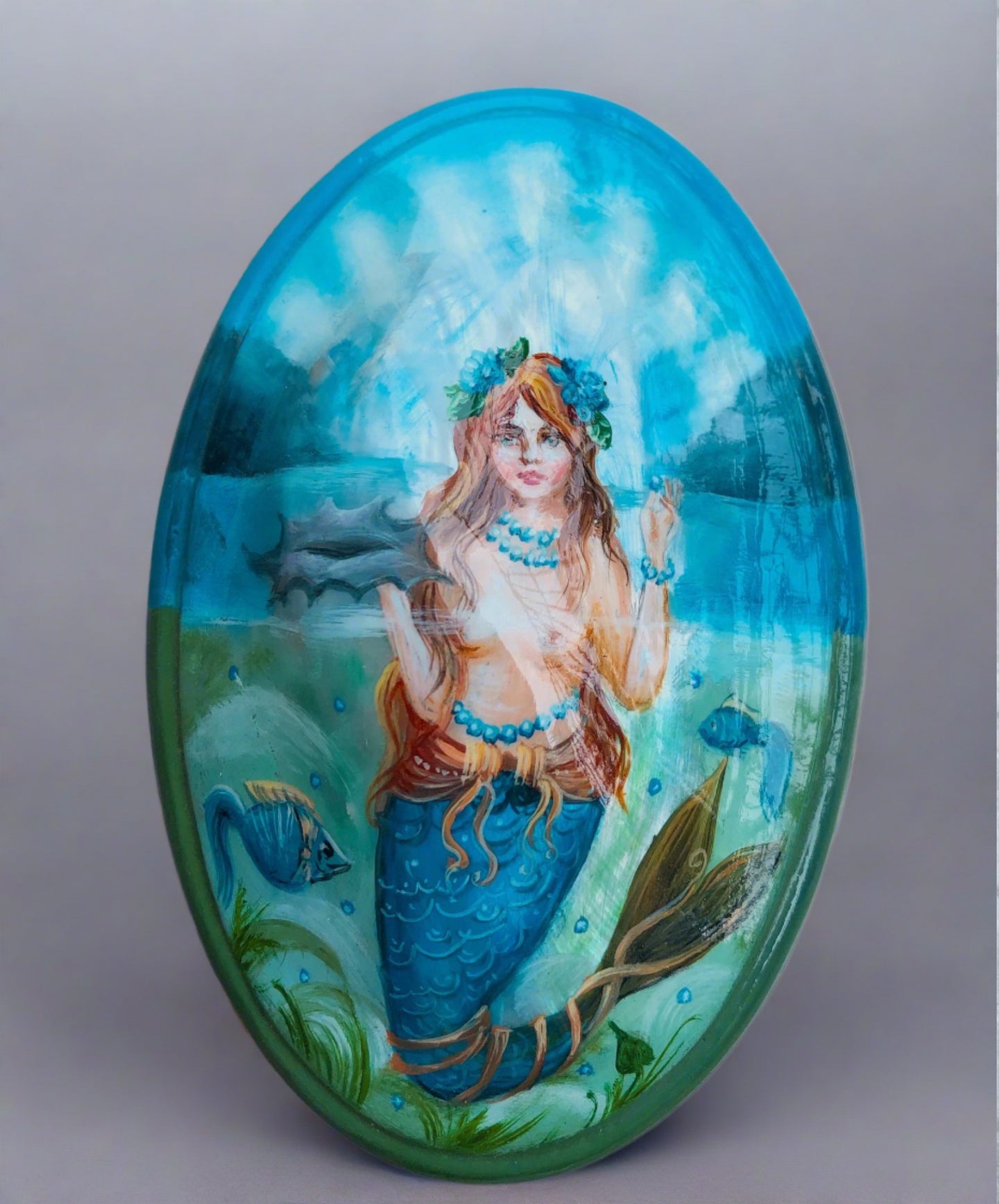 russian lacquer box, mermaid with shell lid