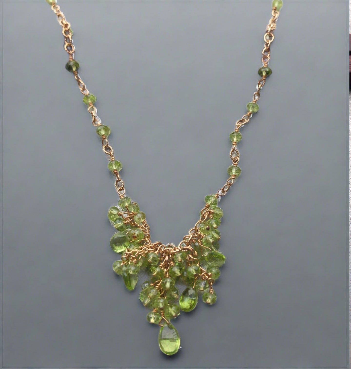 pom jewelry necklace, peridot in gold fill