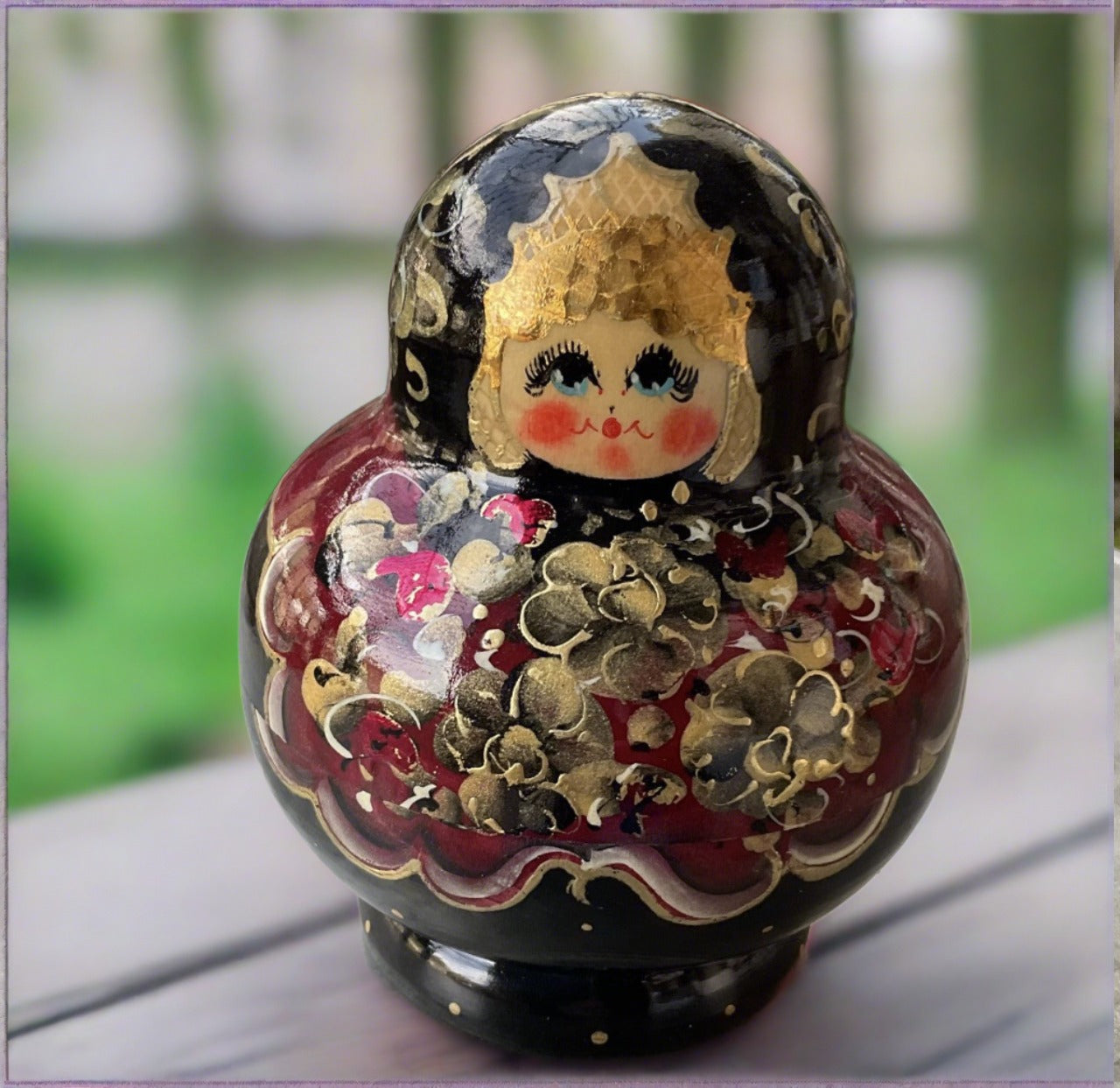 Hand Crafted Russian Stacking Doll- Black, Wine and Gold Color