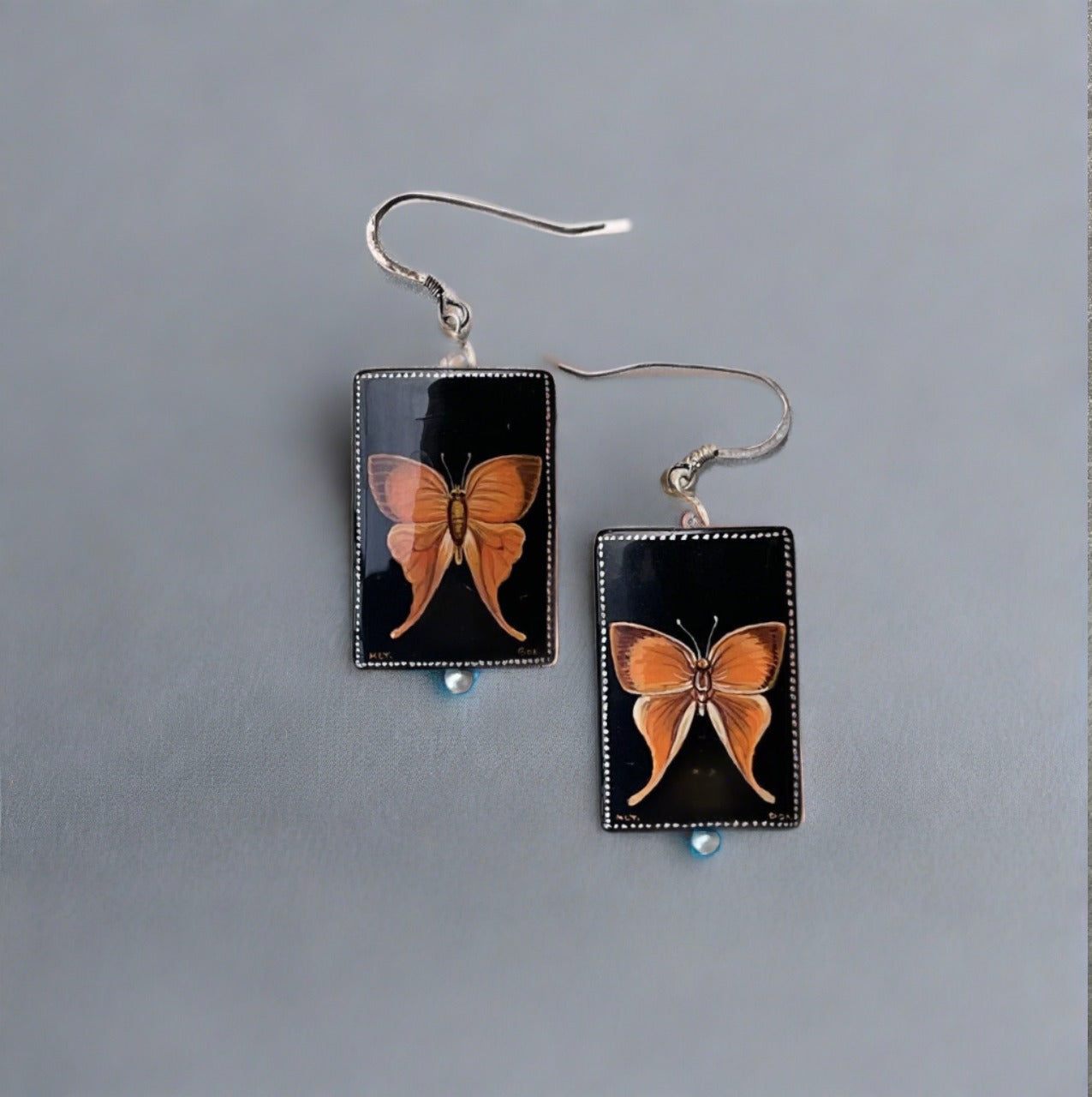 Hand Painted Russian Palekh Black Lacquer Earrings- Orange Butterfly