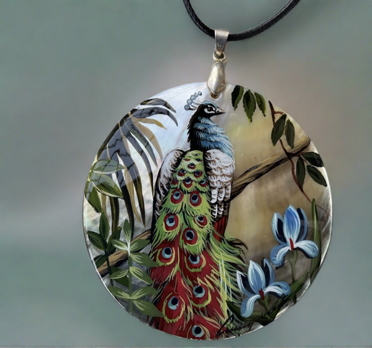 Mother-of-Pearl Russian Hand Painted Necklace Pendant- Peacock