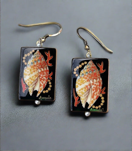 Hand Painted Russian Palekh Black Lacquer Signed Earrings- Sea Shell And Coral Media 1 of 1