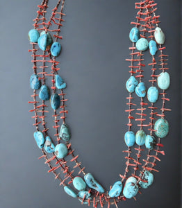 Hand Crafted Native American Turquoise Bead And Coral Necklace