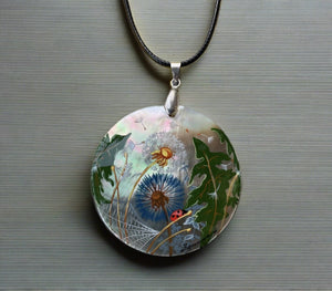 Mother-of-Pearl Russian Hand Painted Necklace Pendant- Dandelion and Ladybug
