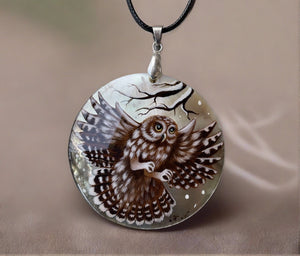 Mother-of-Pearl Russian Hand Painted Necklace Pendant- Flying Owl