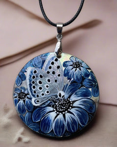 Mother-of-Pearl Russian Hand Painted Necklace Pendant- Butterfly