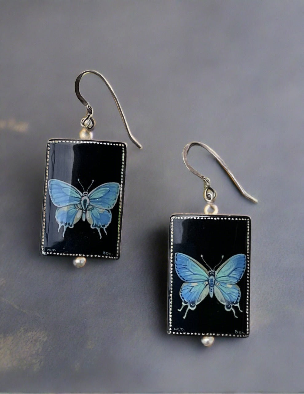 Hand Painted Russian Palekh Black Lacquer Earrings- Blue Butterfly