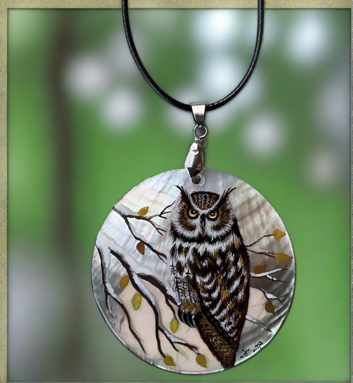 Mother-of-Pearl Russian Hand Painted Necklace Pendant- Owl Sitting On Branch