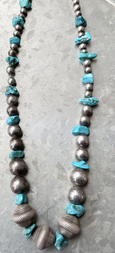 Hand Crafted Native American Turquoise and Silver Bead Necklace Media 1 of 1