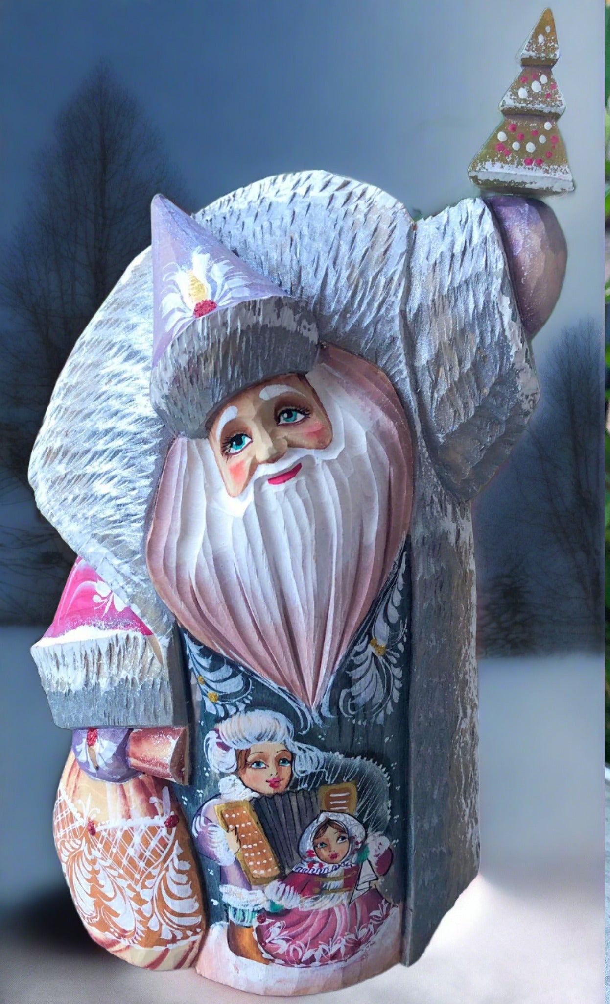 Hand-Carved Russian Santa Red Coat with Accordion Player | Folk