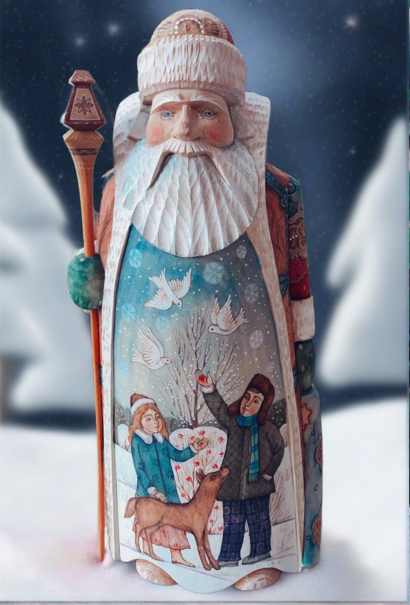 carved russian santa- children feeding doves with dog