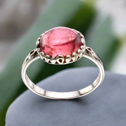 bask jewelry oval cabochon pink tourmaline ring- size 8