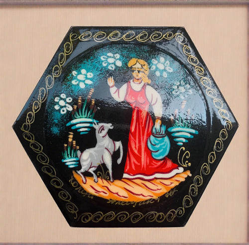 russian lacquer hinged box with lady and dog