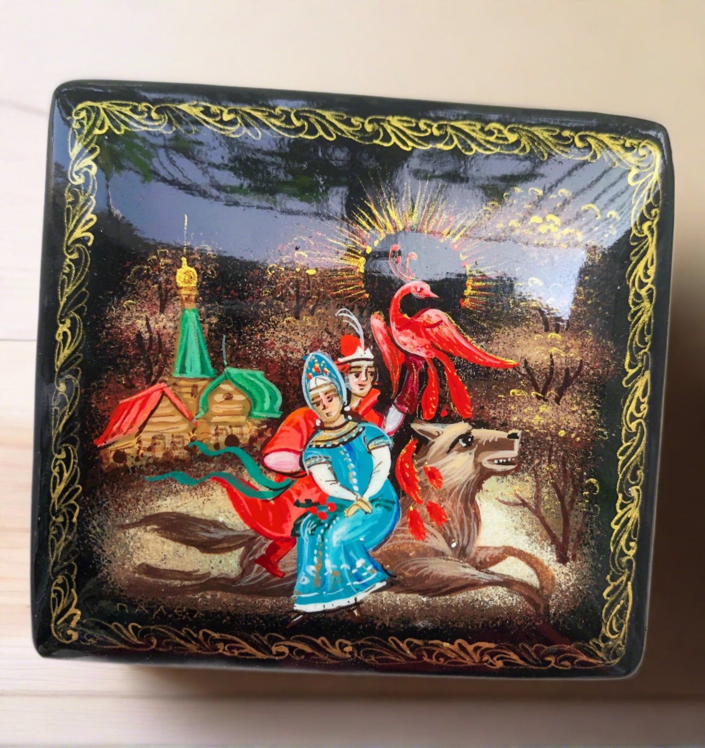 russian lacquer box hinged box, ivan tsarevich & the grey wolf