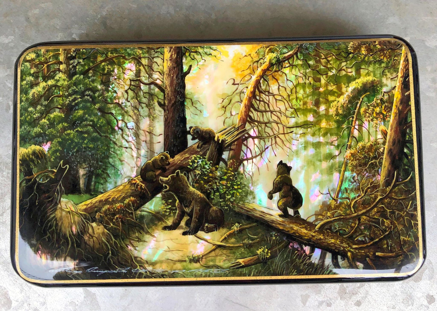 russian lacquer box- bears in the woods with mother of pearl background