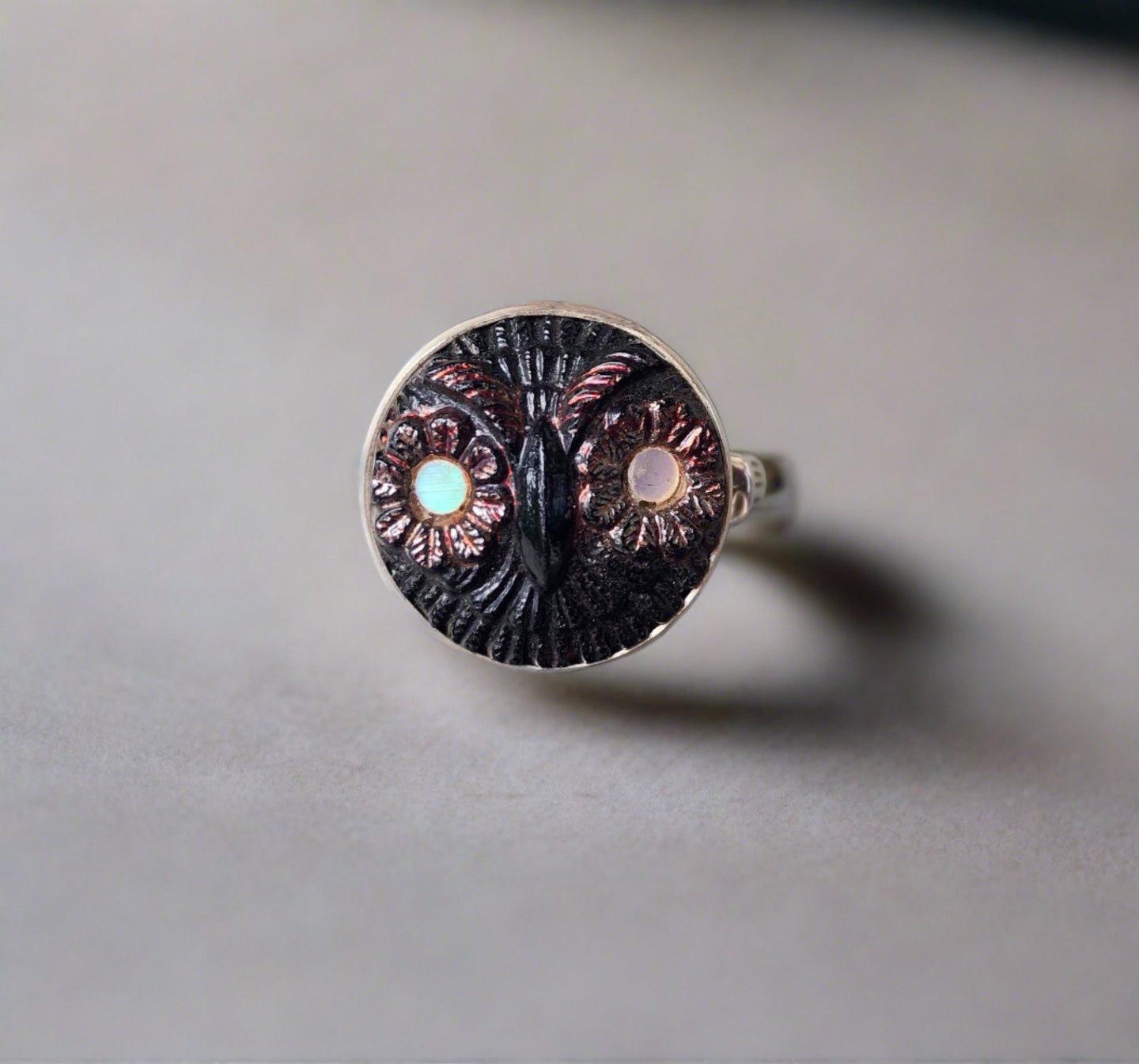 antique button ring, owl face