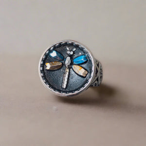 antique button ring, blue button with dragonfly