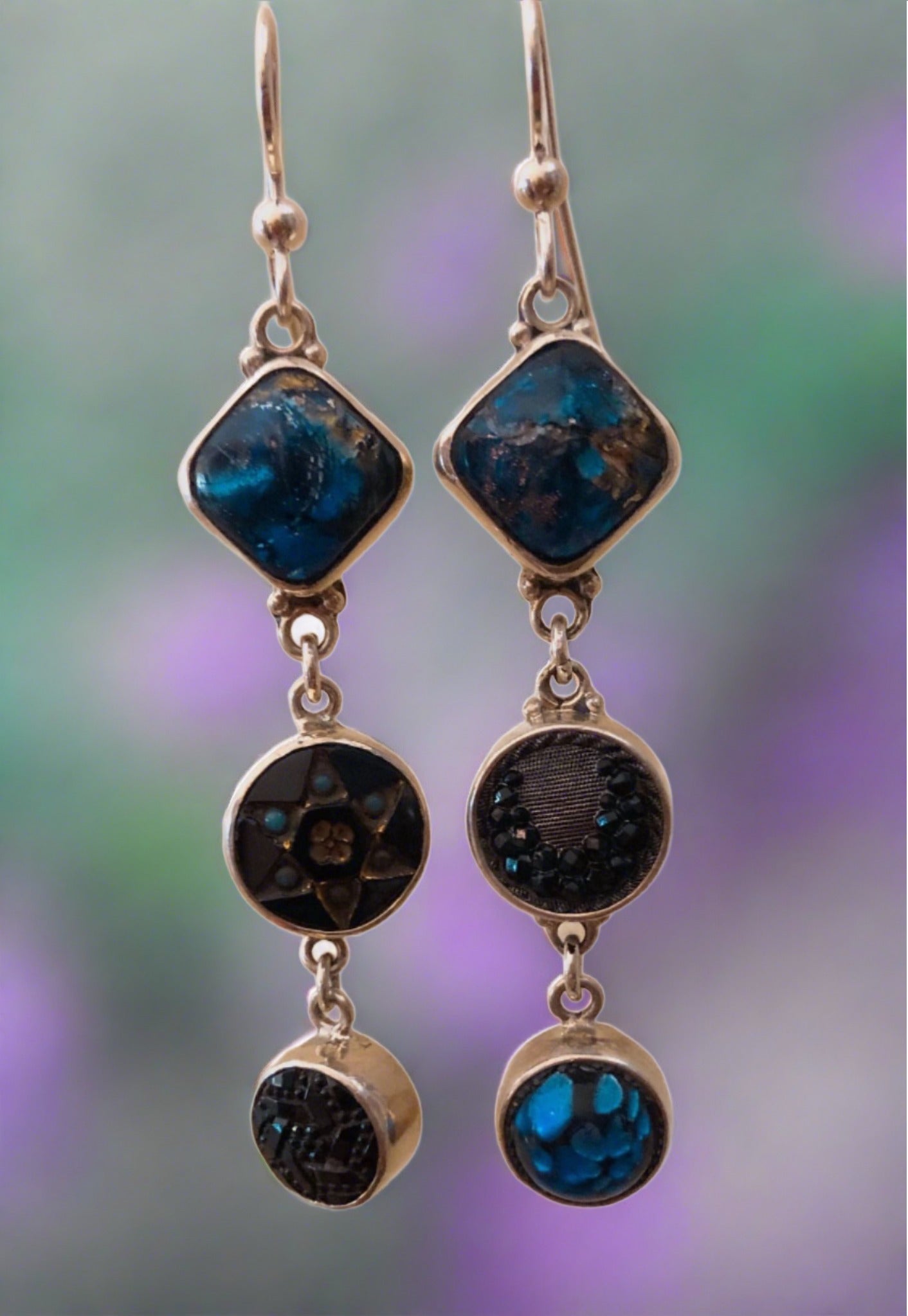 antique button earrings,  assymetrical blue leo popper