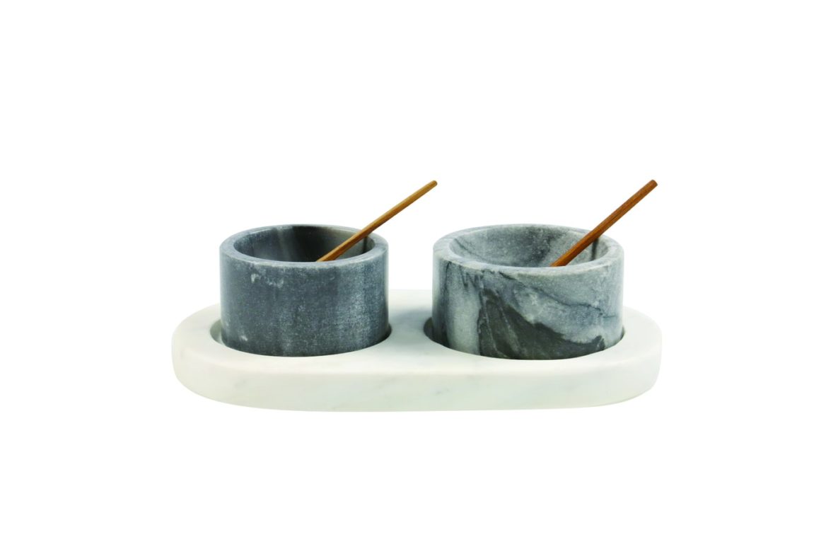 be home white & gray marble cellars with spoons and tray