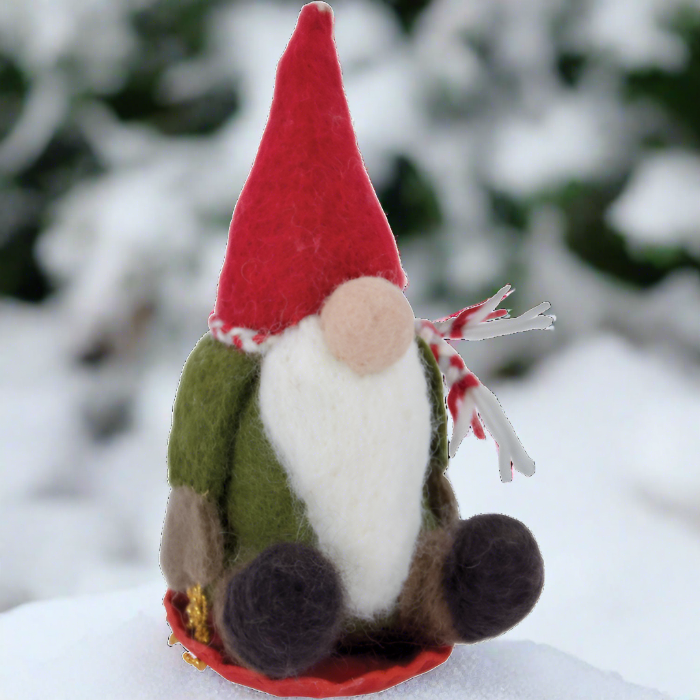 dzi handmade felted ornament: sledding gnome
