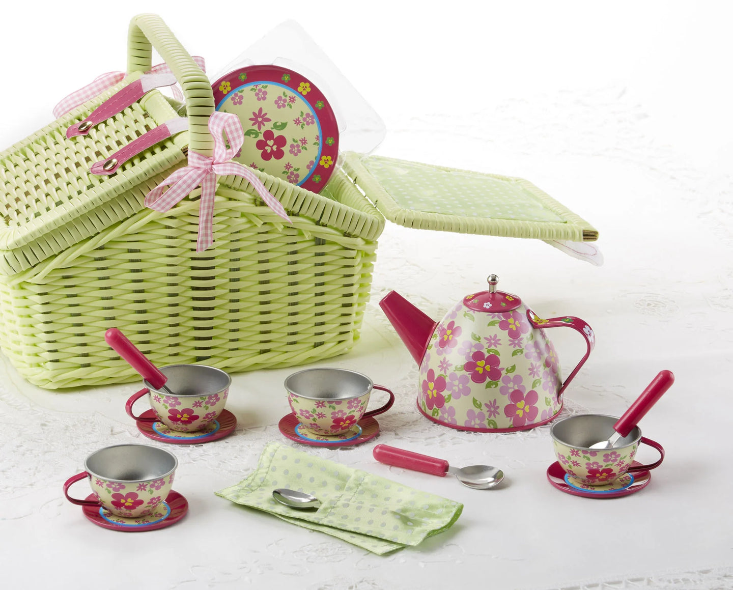 delton tin 18pc tea set in basket- sorrel