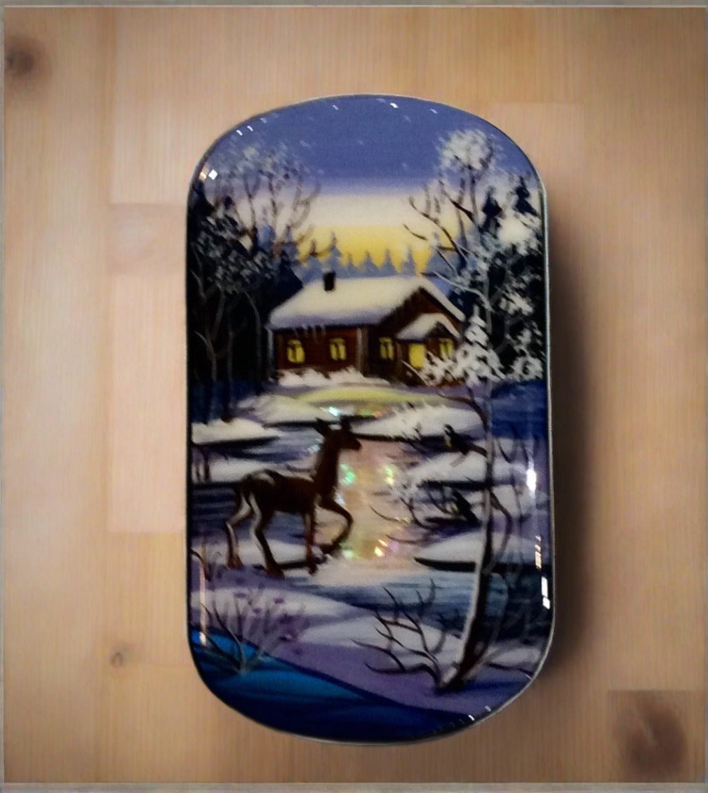russian lacquer box- snow scene with deer
