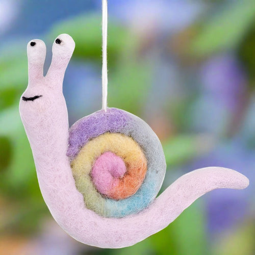 dzi handmade felted ornament: pastel rainbow snail