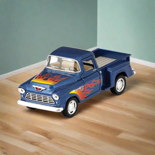 schylling toys diecast 55′ chevy pickup with flames- blue