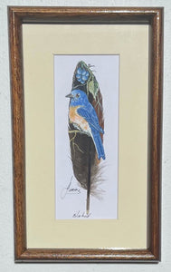 mundo handmade bird art on feathers- western bluebird