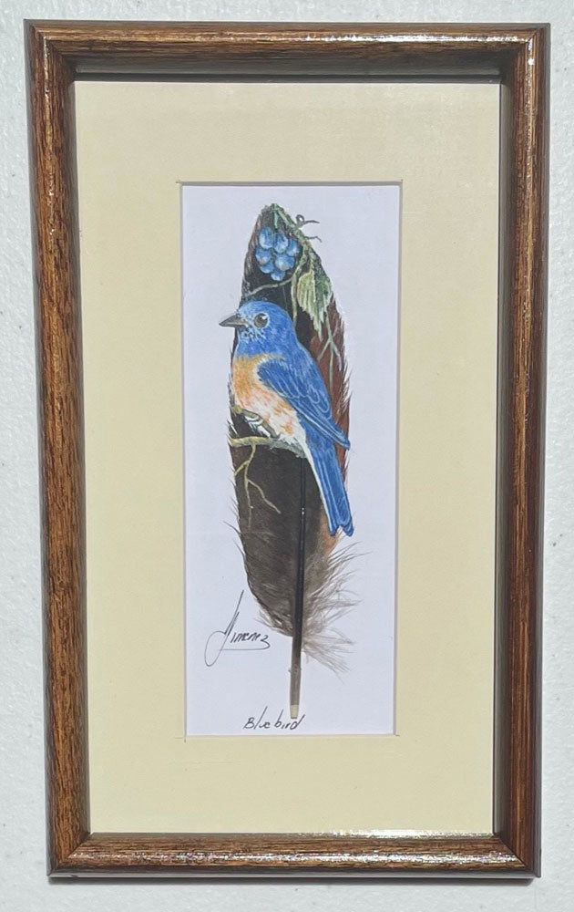 mundo handmade bird art on feathers- western bluebird