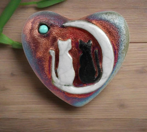 Raku Potterworks Heart Stone- Cats & Moon