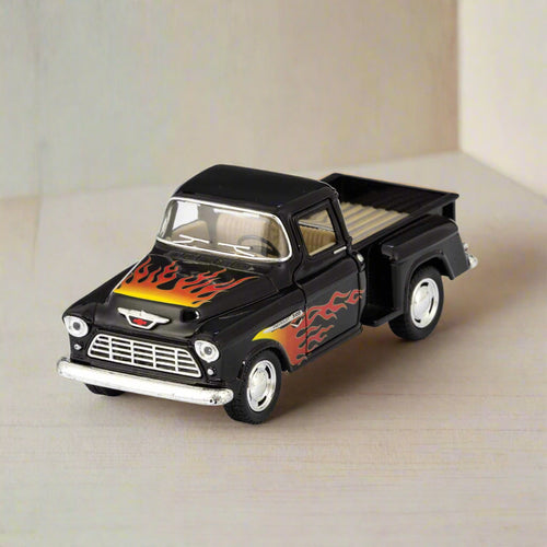 schylling toys diecast 55′ chevy pickup with flames-black