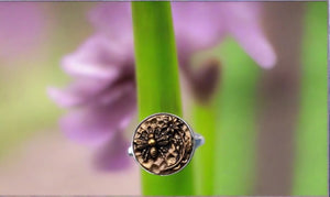 antique metal button ring- bee and flower