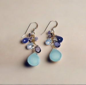pom jewelry earrings blue chalcedony, tanzanite and blue topaz in gold fill