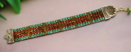antique button bracelet- woven beaded with metal crescent moon button