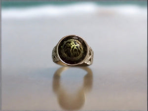 antique button ring- glass olive tones size 7.5