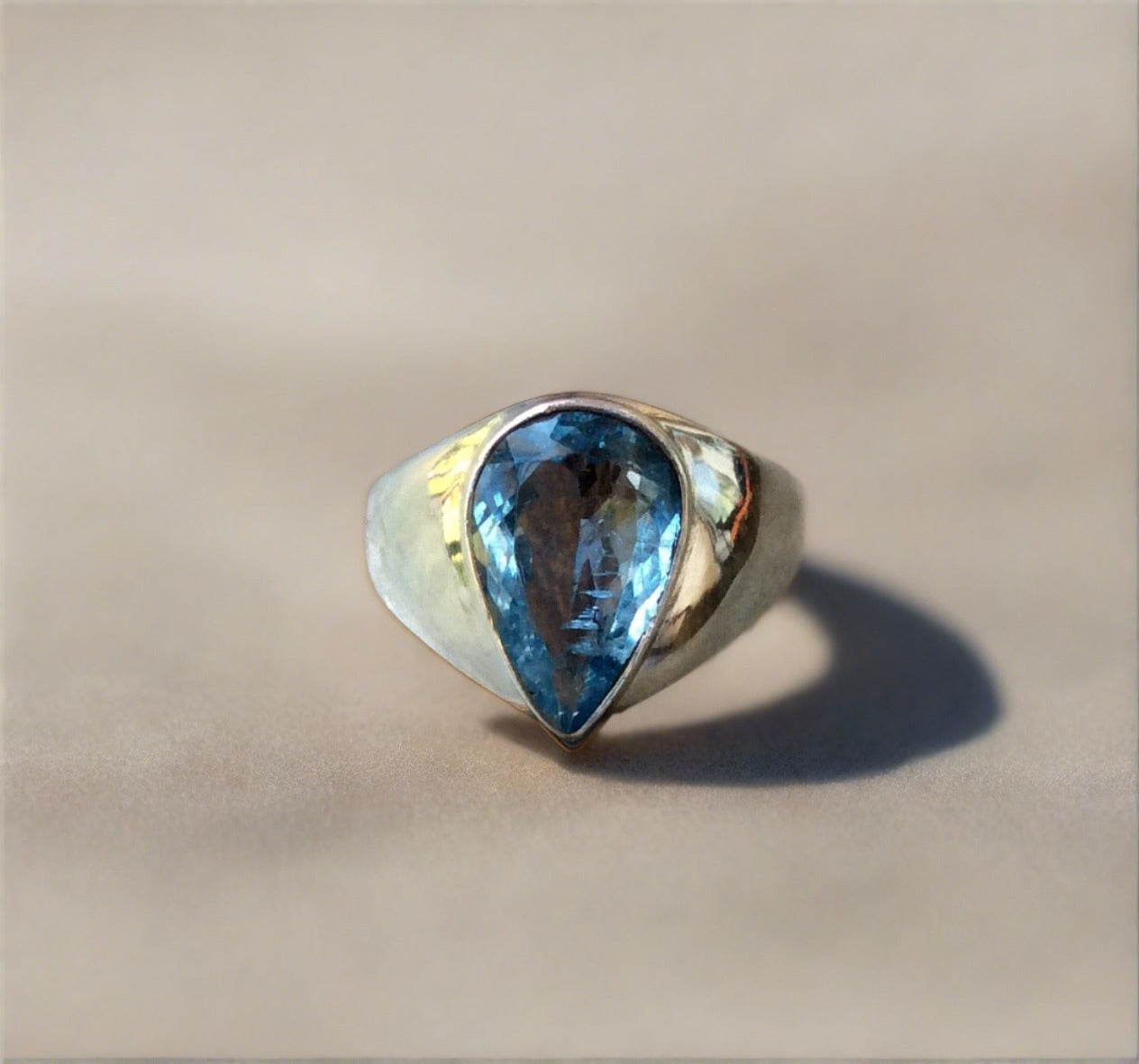 sterling silver bezel set tear drop blue topaz ring size 8.5