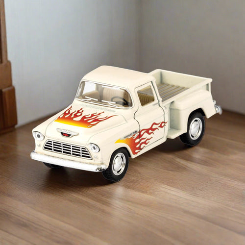 schylling toys diecast 55′ chevy pickup with flames-white