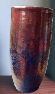 river pottery copper and manganese 9 1/2" vase- copper & blue tones