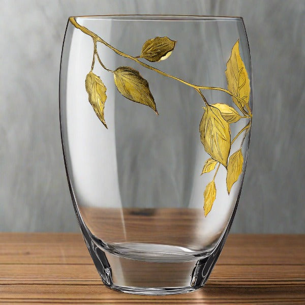 12 Mouth Blown Hand Decorated With Gold Leaves Vase 12 Mouth Blown Hand Decorated With Gold Leaves Vase