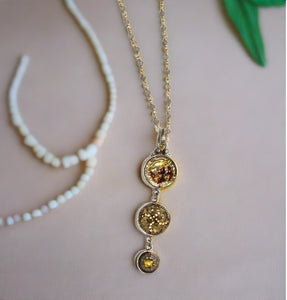 antique button necklace 3 gold tone buttons with moonstone beaded chain