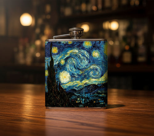 oso+bean van gogh starry night hip flask