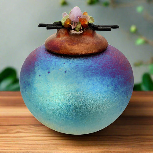 raku potteryworks jar with gemstone lid- small